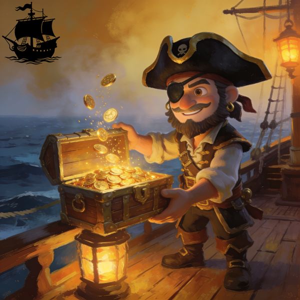 FatPirate welcome bonus — pirate mascot presenting an open treasure chest with gold coins rising from it on a lantern-lit ship deck