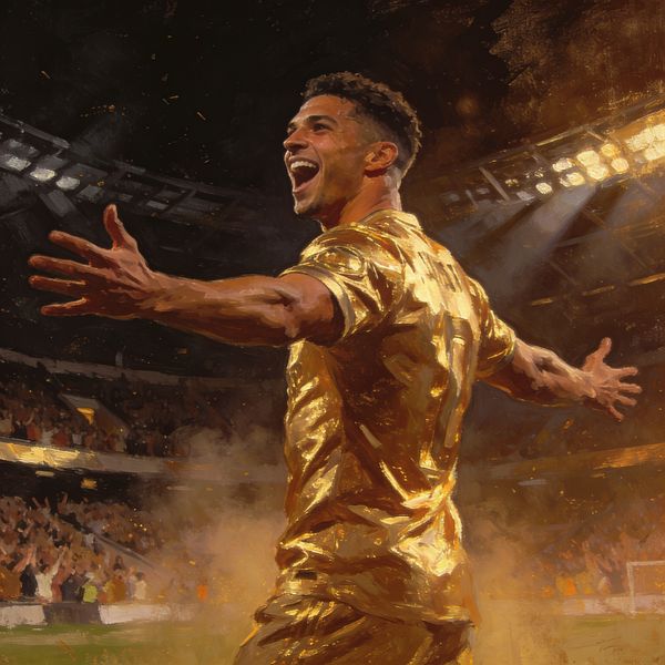 Footballer celebrating with arms wide in a stadium