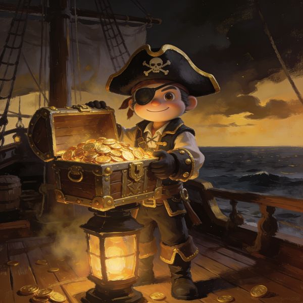FatPirate casino mascot presenting a glowing treasure chest on a lantern-lit pirate ship deck