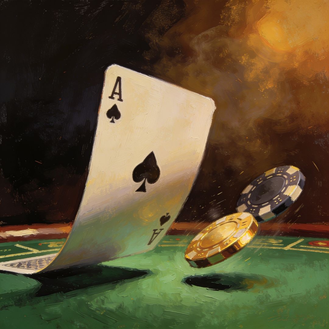 Playing card flipping over casino felt with chips sliding beside it